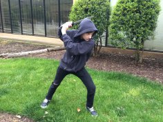 My son Liam dressed up as the vampire hunter from my young adult "Gidion Keep" series, striking one of the classic poses from the book trailers.